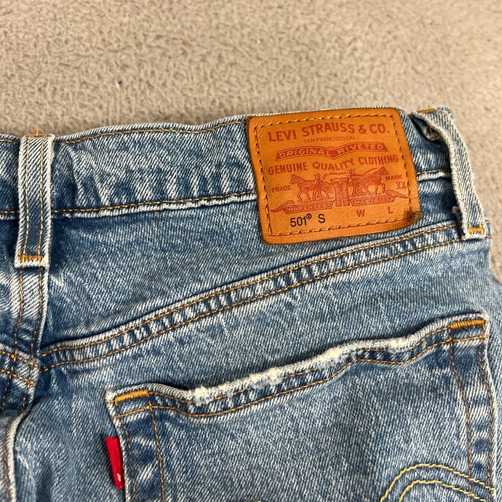 Levis 501 S Premium Jeans Womens 28x28 Blue Denim Button Fly Skinny Distressed - Picture 14 of 15
